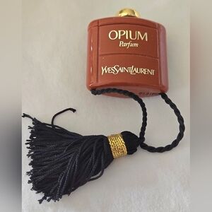 Vtg. YSL Opium Parfum In Sm. Statement Lucite Bottle W/Decorative Tassel 3.5 ml.